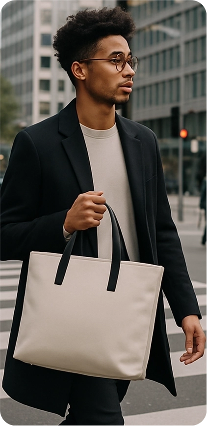 A city scene where a stylish person carries a tote bag