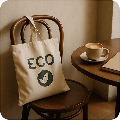 An eco tote placed on a chair or beside a table at a cozy coffee shop