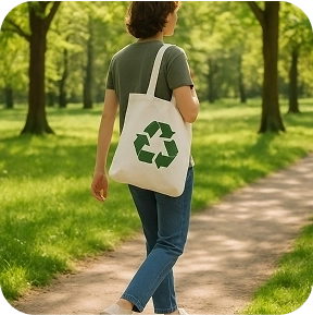 A person walking with a recycle eco tote bag
