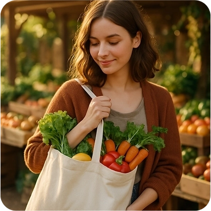A young woman holding a large eco tote bag